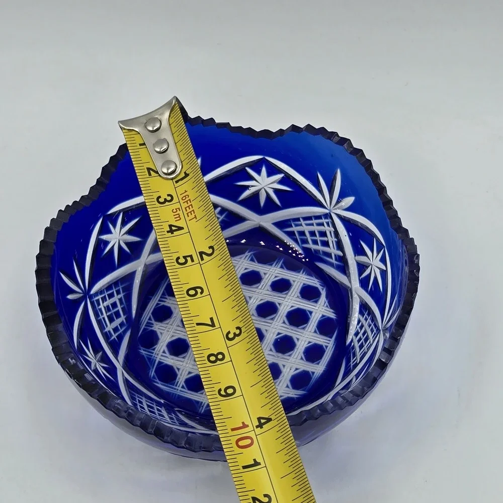 Vintage Bohemian cobalt cut to clear crystal mini bowl Antique Art Deco